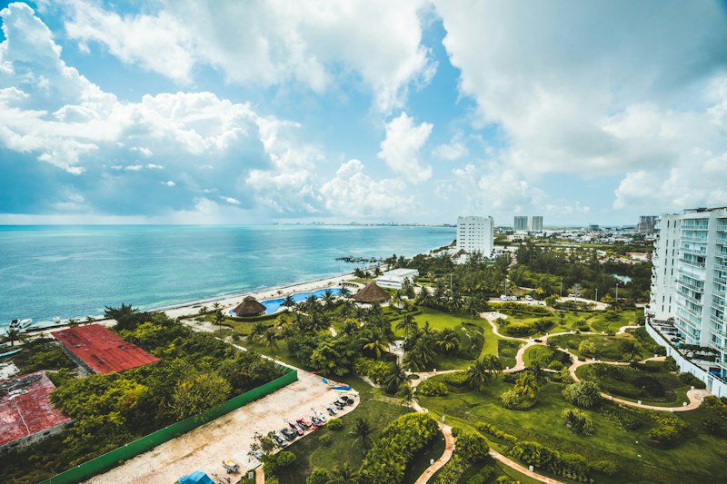 Vista aérea de la zona hotelera de Cancún